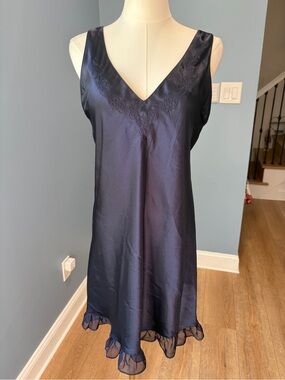 Vintage Amanda Stewart Intimates Navy Satin Embroidered Ruffle Slip Dress Small